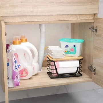 ALOCEO Small Trash Bag Holder with Bamboo Top, Wall Mount Stackable Standard Garbage Bag Dispenser for Laundry Room Organization and Storage