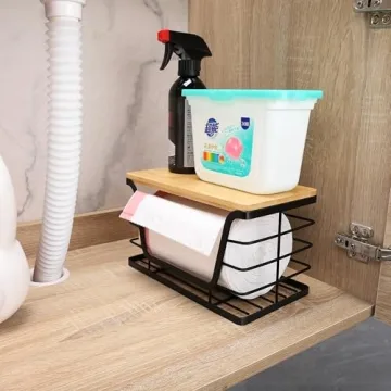 ALOCEO Small Trash Bag Holder with Bamboo Top, Wall Mount Stackable Standard Garbage Bag Dispenser for Laundry Room Organization and Storage