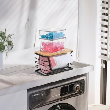 ALOCEO Small Trash Bag Holder with Bamboo Top, Wall Mount Stackable Standard Garbage Bag Dispenser for Laundry Room Organization and Storage