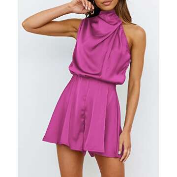 BTFBM Womens Mock Neck Summer Romper 2025 Casual Beach Outfits Satin Sleeveless Elastic Waist One Piece Shorts Jumpsuits(Solid Rose Red, Medium)