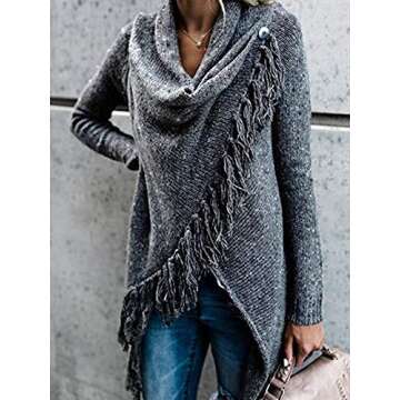 CEASIKERY Women's Tassel Hem Sweater Long Cardigan Knitwear Pullover Poncho Coat Dark Gray