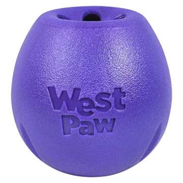 West Paw Zogoflex Rumbl Treat-Dispensing Dog Toy – Interactive Slow-Feeder Chew Toys for Dogs – Dog Enrichment Toy – Dog Toy for Moderate Chewers, Fetch, Catch – Holds Kibble, Treats (Eggplant, Small)