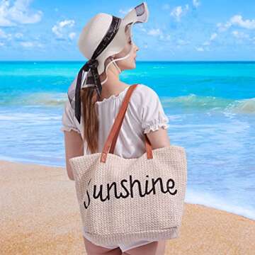 Autumrchids Striped Synthetic Straw Tote Beach Bag - Light Weight, Stylish, Versatile