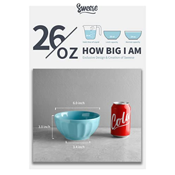 Sweese 106.002 Porcelain Fluted Bowl Set - 26 Ounce for Cereal, Soup - Set of 6, Hot Assorted Colors