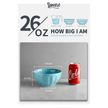 Sweese 106.002 Porcelain Fluted Bowl Set - 26 Ounce for Cereal, Soup - Set of 6, Hot Assorted Colors