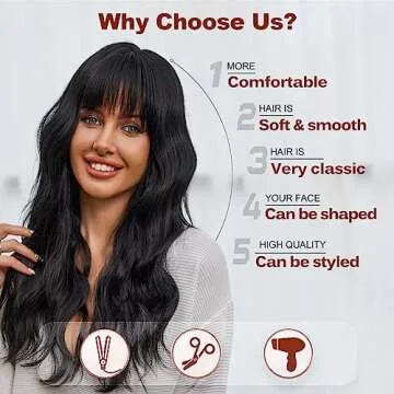 EMMOR Black Wigs for Women - Long Curly Wigs With Bangs, Stylish & Heat-Resistant for Parties
