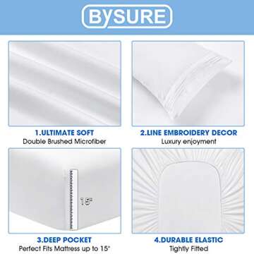 BYSURE Hotel Bed Sheets Set with 4 PCS Embroidered Pillowcases(King, Bright White), 15-inch Deep Pocket Microfiber Sheets, Super Soft Bedding Sets