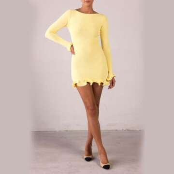 Womens Contrast Binding Flounce Sleeve Dress Knitted Ruffle Hem Party Sexy Dresslace Long Sleeve Dress for Women