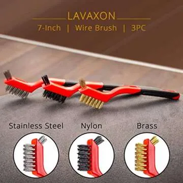 Lavaxon Wire Brush Set 3Pcs - Nylon/Brass/Stainless Steel Bristles with Curved Handle Grip for Rust, Dirt & Paint Scrubbing with Deep Cleaning – 7 Inches (Red)
