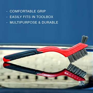 Lavaxon Wire Brush Set 3Pcs - Nylon/Brass/Stainless Steel Bristles with Curved Handle Grip for Rust, Dirt & Paint Scrubbing with Deep Cleaning – 7 Inches (Red)
