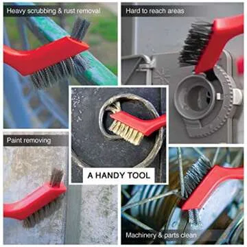 Lavaxon Wire Brush Set 3Pcs - Nylon/Brass/Stainless Steel Bristles with Curved Handle Grip for Rust, Dirt & Paint Scrubbing with Deep Cleaning – 7 Inches (Red)