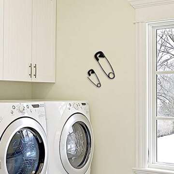 Metal Safety Pins Wall Decor by CYSCOMMA - 3D Safety Pins for Laundry Room Home Wall Decoration - Indoor and Outdoor Wall Sculptures Art – Durable and Easy to Hang Large Safety Pins - Set of 2