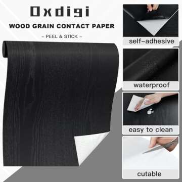 Oxdigi Black Wood Contact Paper - 23.6 x 196 Inches - Self-Adhesive, Removable and Waterproof - Ideal Peel and Stick Wallpaper for Cabinet, Countertop, Desktop, Rental Property, Kitchen