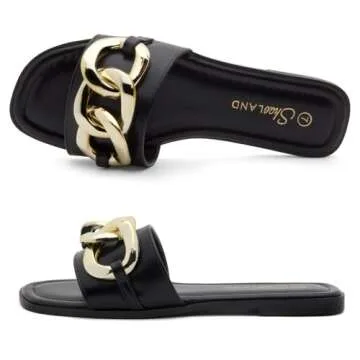 Shoe Land EMMA Women’s Flat Sandals, Square Open Toe Single Band Slides with Metal Chain – Slip-On Slippers with Comfortable Cushioned Footbed for Summer and Daily Wear, Black, Size 9.0
