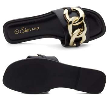Shoe Land EMMA Women’s Flat Sandals, Square Open Toe Single Band Slides with Metal Chain – Slip-On Slippers with Comfortable Cushioned Footbed for Summer and Daily Wear, Black, Size 9.0