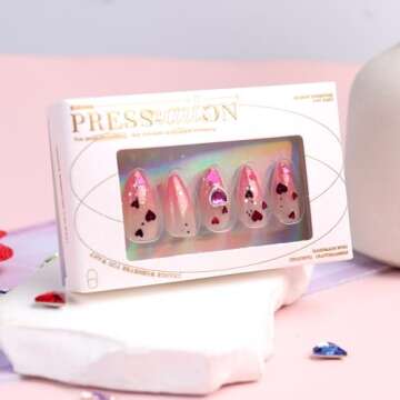 Valentine's Day Press On Nails with Heart Gems & Sequins