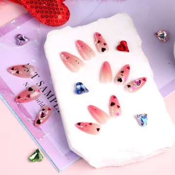 Valentine's Day Press On Nails with Heart Gems & Sequins