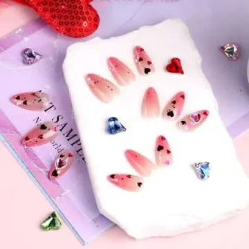 Valentine's Day Press On Nails with Heart Gems & Sequins