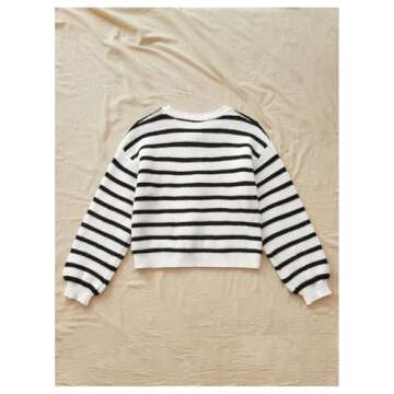 WDIRARA Women's Striped Tie Front Cardigan Long Sleeve Crewneck Drop Shoulder Knit Sweaters Black an...