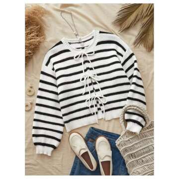 WDIRARA Striped Tie Front Cardigan - Casual Stylish Women's Sweater