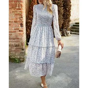 NOLLSOM Women 2025 Fall Dress Floral Boho Dress Casual Long Sleeve Crew Neck Ruffle A-Line Flowy Wed...