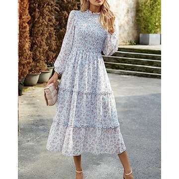 NOLLSOM Women 2025 Fall Dress Floral Boho Dress Casual Long Sleeve Crew Neck Ruffle A-Line Flowy Wedding Guest Maxi Dresses(Light Blue Pink Flower,Small)