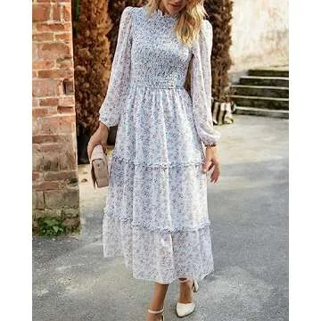 NOLLSOM Women 2025 Fall Dress Floral Boho Dress Casual Long Sleeve Crew Neck Ruffle A-Line Flowy Wedding Guest Maxi Dresses(Light Blue Pink Flower,Small)