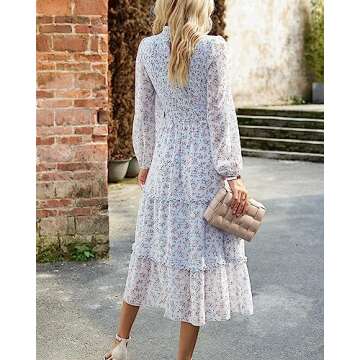 NOLLSOM Women 2025 Fall Dress Floral Boho Dress Casual Long Sleeve Crew Neck Ruffle A-Line Flowy Wedding Guest Maxi Dresses(Light Blue Pink Flower,Small)