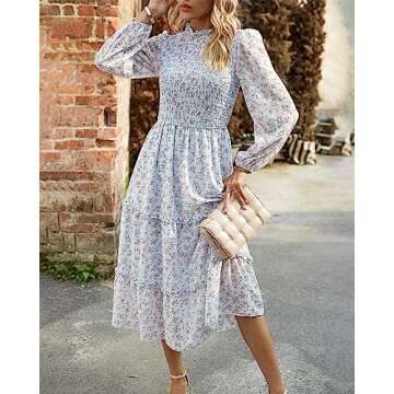 NOLLSOM Women 2025 Fall Dress Floral Boho Dress Casual Long Sleeve Crew Neck Ruffle A-Line Flowy Wedding Guest Maxi Dresses(Light Blue Pink Flower,Small)