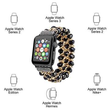 Compatible for Apple Watch Bling Beaded Bracelet Band,Fohuas Luxury Crystal Beads Pearl iWatch 38mm 40mm 41mm 42mm 44mm 45mm Fashion Metal Chain Elastic Stretch Jewelry Bangle Strap for Women Girl