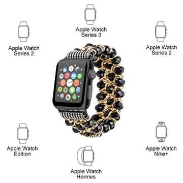 Compatible for Apple Watch Bling Beaded Bracelet Band,Fohuas Luxury Crystal Beads Pearl iWatch 38mm 40mm 41mm 42mm 44mm 45mm Fashion Metal Chain Elastic Stretch Jewelry Bangle Strap for Women Girl