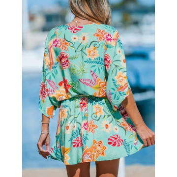 CUPSHE Women's Mini Dress V Neck Floral Half Dolman Sleeeve Belted Loose Fit Short Summer Beach Dress Mint Floral, M