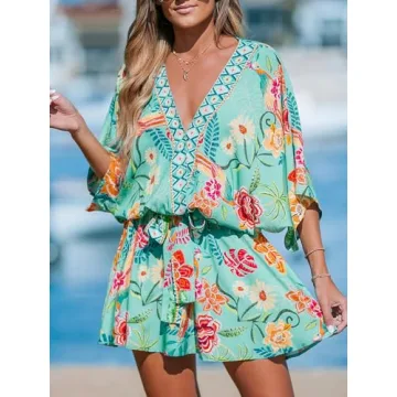 CUPSHE Women's Mini Dress V Neck Floral Half Dolman Sleeeve Belted Loose Fit Short Summer Beach Dress Mint Floral, M