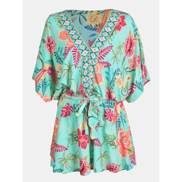 CUPSHE Women's Mini Dress V Neck Floral Half Dolman Sleeeve Belted Loose Fit Short Summer Beach Dress Mint Floral, M