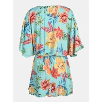 CUPSHE Women's Mini Dress V Neck Floral Half Dolman Sleeeve Belted Loose Fit Short Summer Beach Dress Mint Floral, M