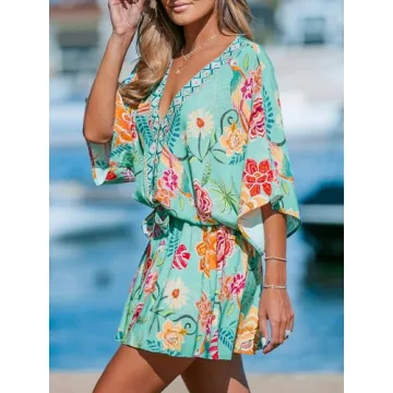CUPSHE Women's Mini Dress V Neck Floral Half Dolman Sleeeve Belted Loose Fit Short Summer Beach Dress Mint Floral, M