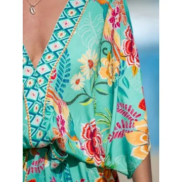 CUPSHE Women's Mini Dress V Neck Floral Half Dolman Sleeeve Belted Loose Fit Short Summer Beach Dress Mint Floral, M