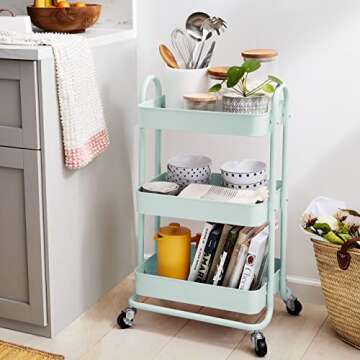 Amazon Basics 3-Tier Rolling Utility or Kitchen Cart - Mint Green