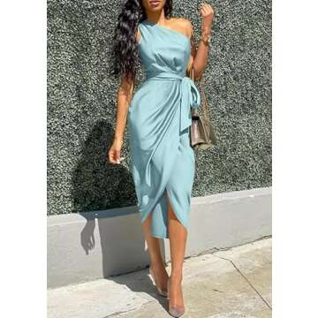 PRETTYGARDEN Women's Summer Ruched Bodycon Dress Sleeveless One Shoulder Wrap Satin Wedding Guest Cocktail Midi Dress(Light Blue,Large)