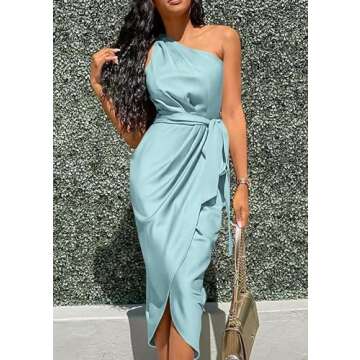 PRETTYGARDEN Women's Summer Ruched Bodycon Dress Sleeveless One Shoulder Wrap Satin Wedding Guest Cocktail Midi Dress(Light Blue,Large)