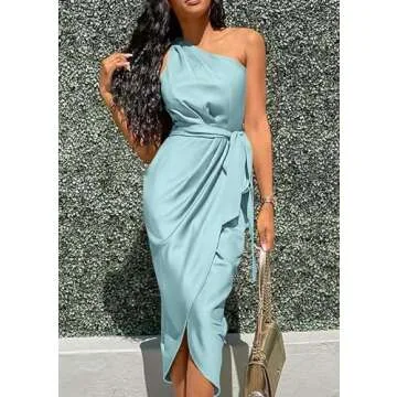 PRETTYGARDEN Women's Summer Ruched Bodycon Dress Sleeveless One Shoulder Wrap Satin Wedding Guest Cocktail Midi Dress(Light Blue,Large)