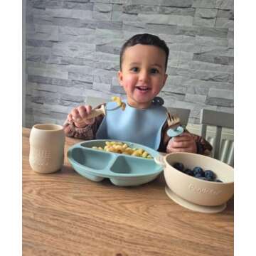 PandaEar Silicone Baby Feeding Set| 2 Divided Suction Plate + 2 Suction Bowl + 2 Tiny Cup with 2 Spoons| Baby Led Weaning Supplies Self Feeding Utensils (Blue White)