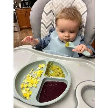 PandaEar Silicone Baby Feeding Set| 2 Divided Suction Plate + 2 Suction Bowl + 2 Tiny Cup with 2 Spoons| Baby Led Weaning Supplies Self Feeding Utensils (Blue White)