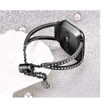 bayite Bling Bands Compatible with Fitbit Versa/Versa 2 Band for Women, Stainless Steel Metal Jewelry Bracelet Bangle Wristband, Black