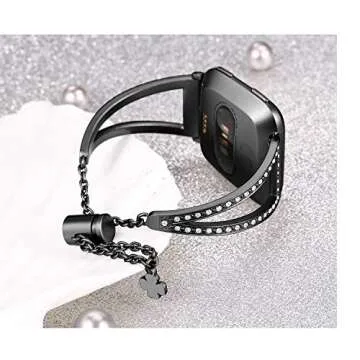 bayite Bling Bands Compatible with Fitbit Versa/Versa 2 Band for Women, Stainless Steel Metal Jewelry Bracelet Bangle Wristband, Black