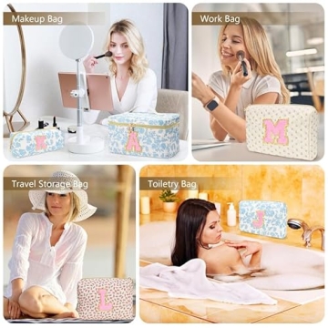DOSUKE 3 PCS Travel Makeup Bag Set, A-Z Initials Cotton Make up Bag Floral Quilted Cosmetic Bag for Girls and Women, Personalized Cute Toiletry Bag Travel Accessories Brushes Bag Yellow - C