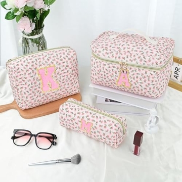 DOSUKE 3 PCS Travel Makeup Bag Set, A-Z Initials Cotton Make up Bag Floral Quilted Cosmetic Bag for Girls and Women, Personalized Cute Toiletry Bag Travel Accessories Brushes Bag Yellow - C