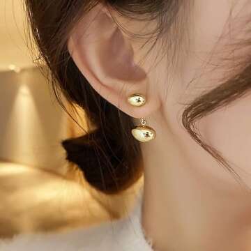 Chunky Gold Teardrop Earrings 18K Gold Lightweight Drop Metal bean earring 2 ways to wear it For wom...