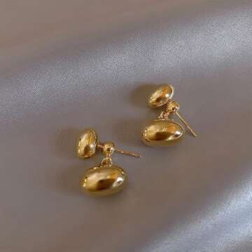 Chunky Gold Teardrop Earrings 18K Gold Lightweight Drop Metal bean earring 2 ways to wear it For women (Gold)