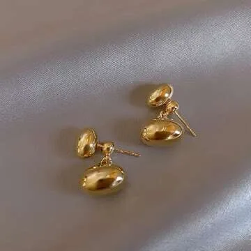 Chunky Gold Teardrop Earrings 18K Gold Lightweight Drop Metal bean earring 2 ways to wear it For women (Gold)